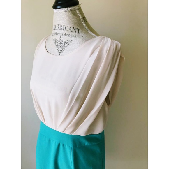 Joy Joy | Cream + Aqua Color Block Sheath Dress - Picture 3 of 8